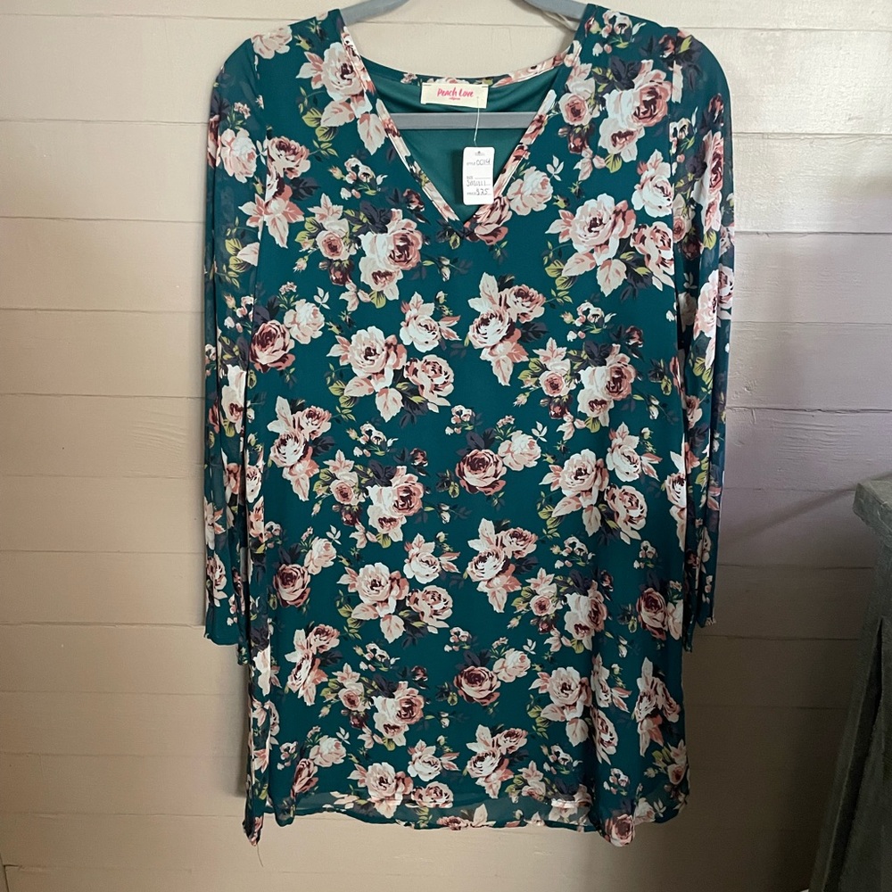 Peach Love California Floral Long Sleeve Dress - Teal and Pink